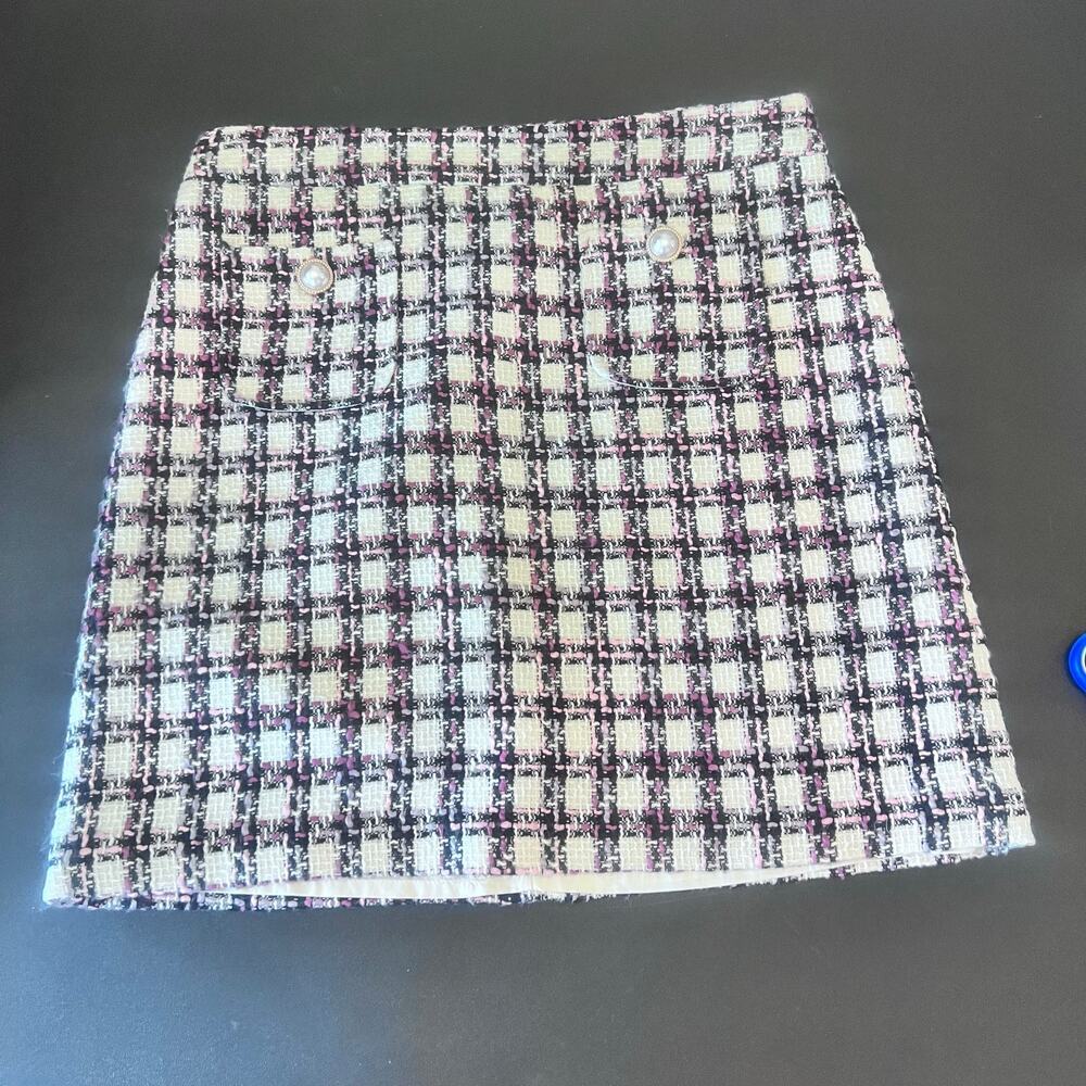 Maison D'amelie Tweed Straight Plaid Mini Skirt Front Pockets Size 6